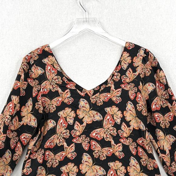 JOHNNY WAS Silk Akil Butterfly Print Top Womens XS Black V Neck 3/4 Puff Sleeve - Picture 5 of 13